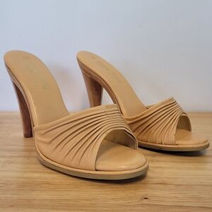 Vintage 70s Bombshell Platform Wood Heel Leather Slip On Mules 8M NEW Deadstock